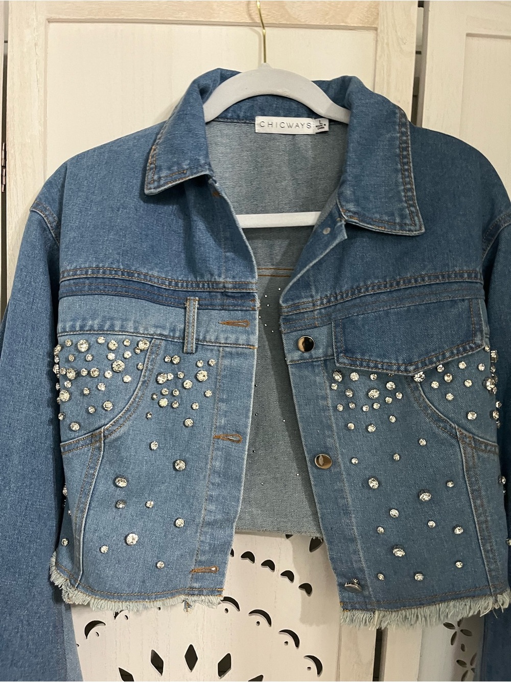 Women's Blue Denim Jacket with Rhinestone Embellishment - NWOT